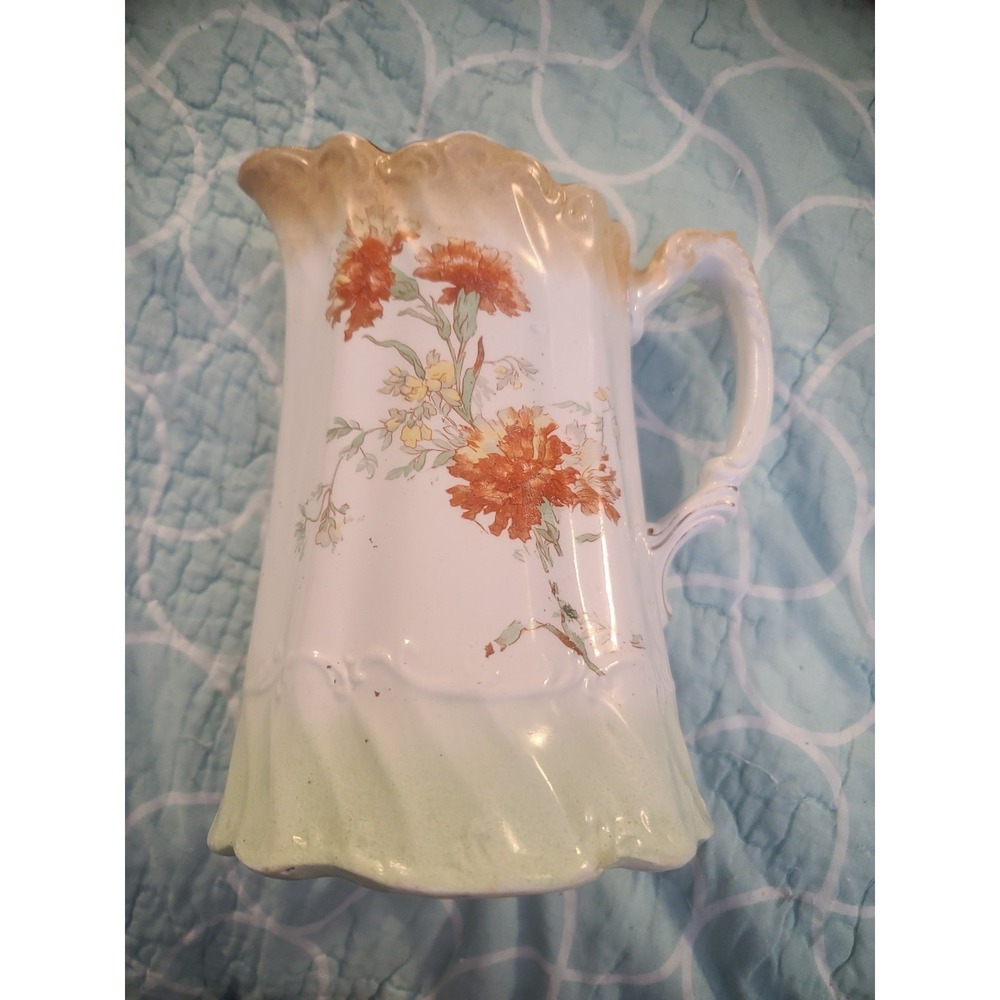 Antique English Porcelain Floral Pitcher Scalloped Rim England Grandma Cottage